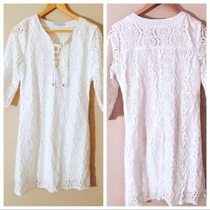 Aquamar Lace Dress Lace-Up Front White Elbow Length Sleeves Lined